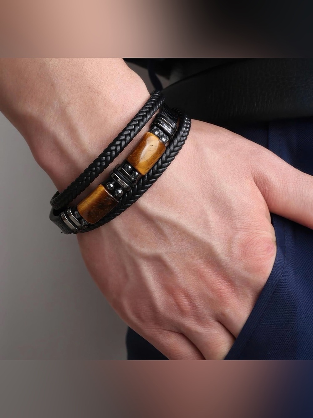 Men's Black Leather Bracelet with Brown Stone charm and Magnetic Clasp